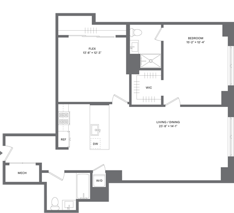 Floor plan for 1 bed, 2 baths, 1142 sqft